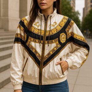 Gallery Sport Vintage Baroque Windbreaker Jacket Ivory Gold Black M